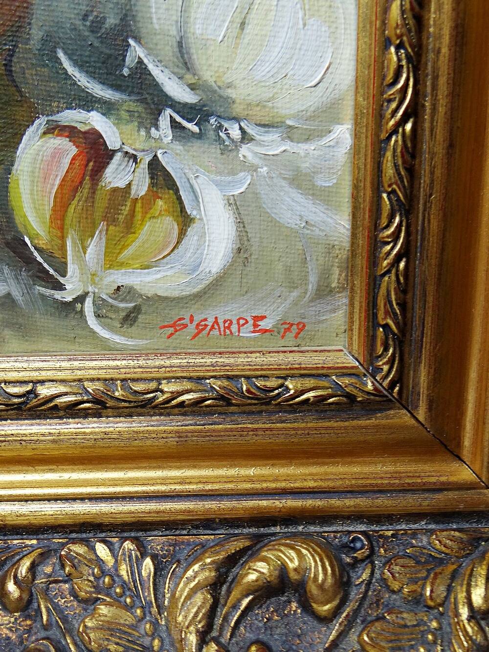 Still life with garlic, egg, and mortar signed Sarpe, 1979, oil on canvas.