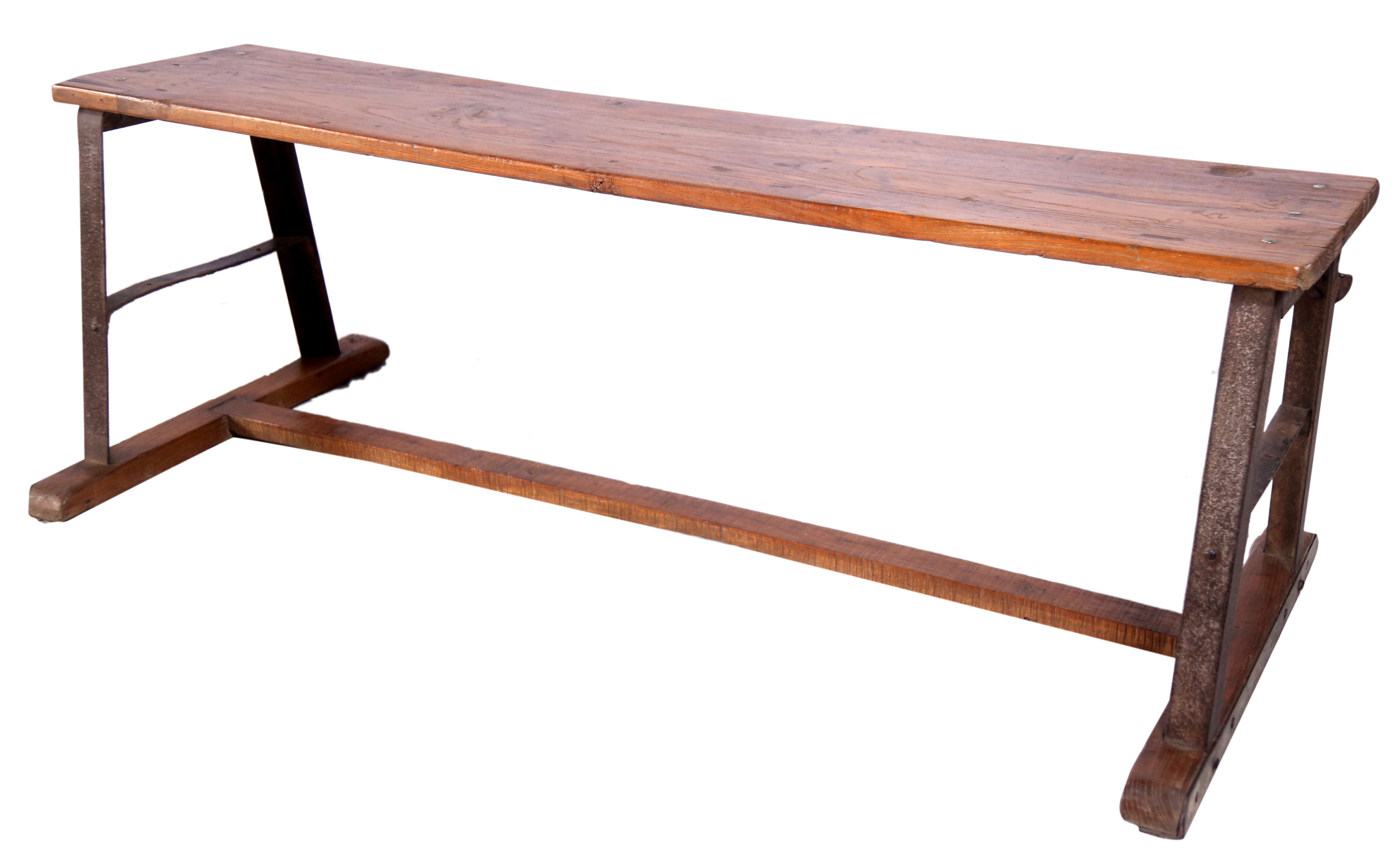 Ancient Burmese teak bench with metal base