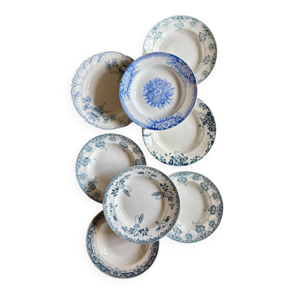 Lot de 8 assiettes creuses anciennes en terre de fer dépareillées