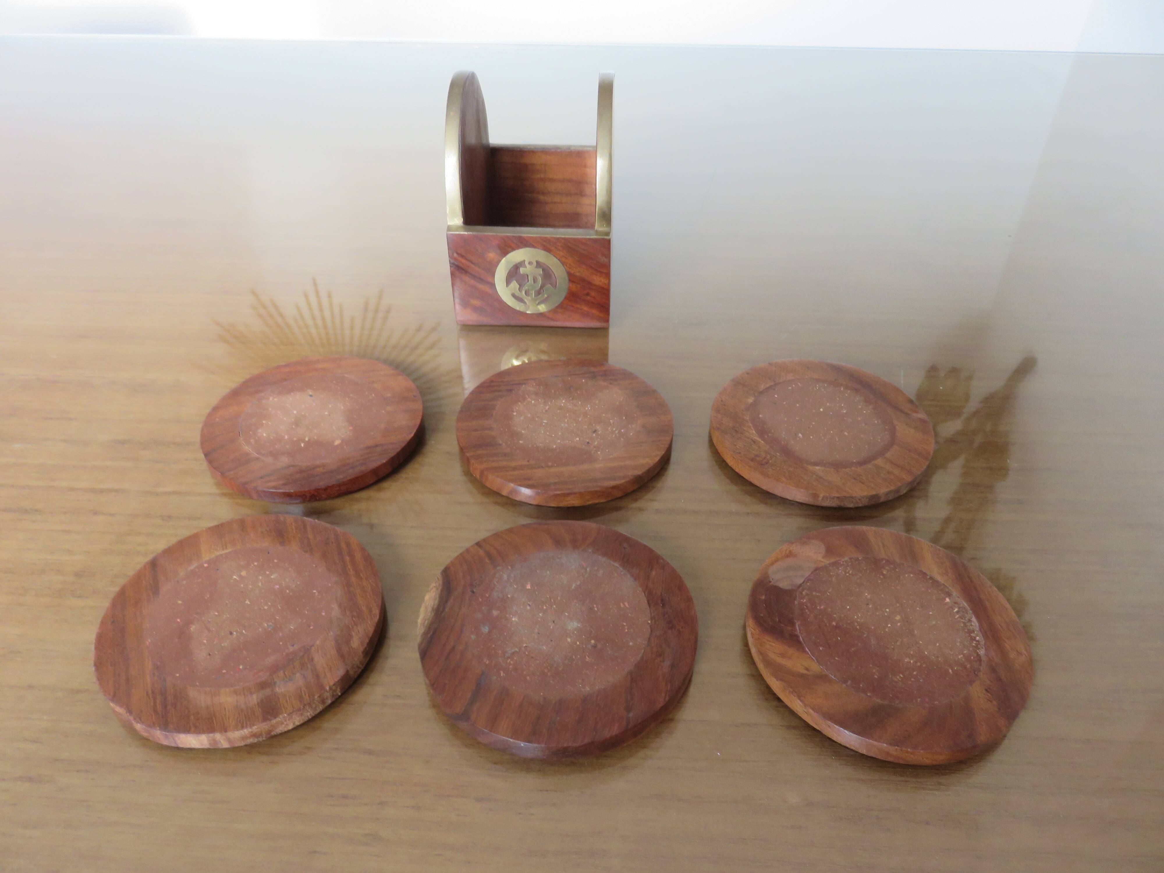 6 coasters in rosewood and brass 1970