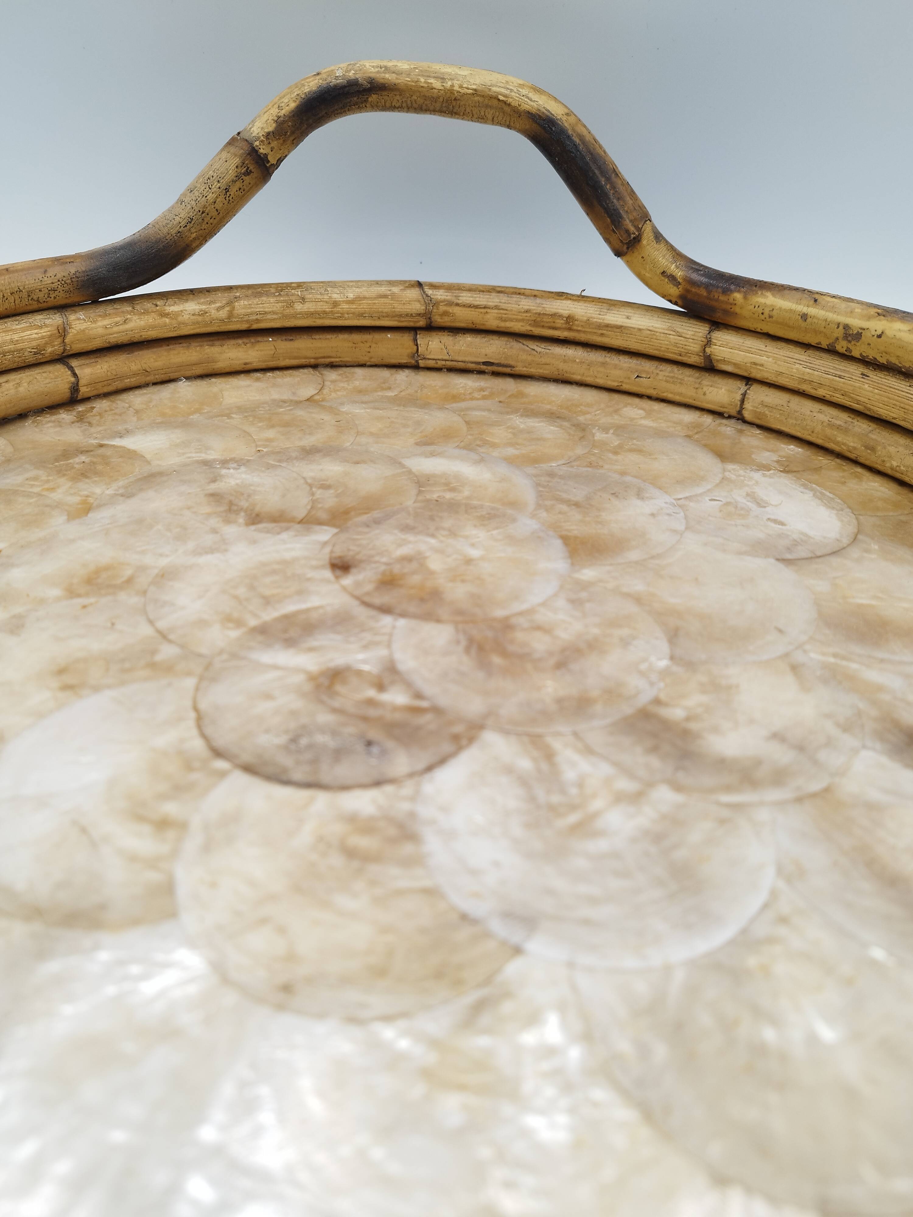Vintage round bamboo and Capiz shell platter – Italy, 1970s