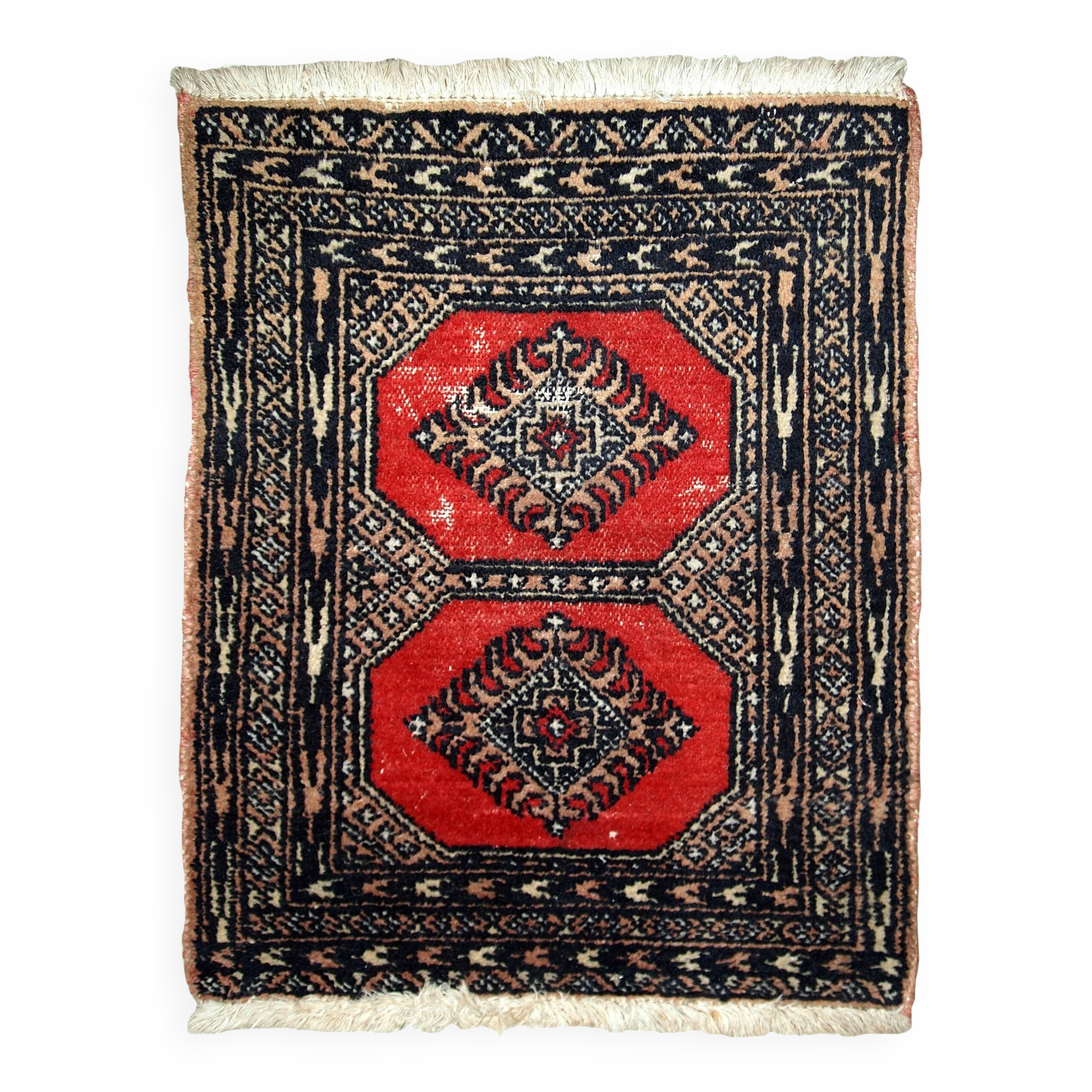 Tapis vintage fait main Lahore en laine rouge (45cm x 58cm) – Années 1970