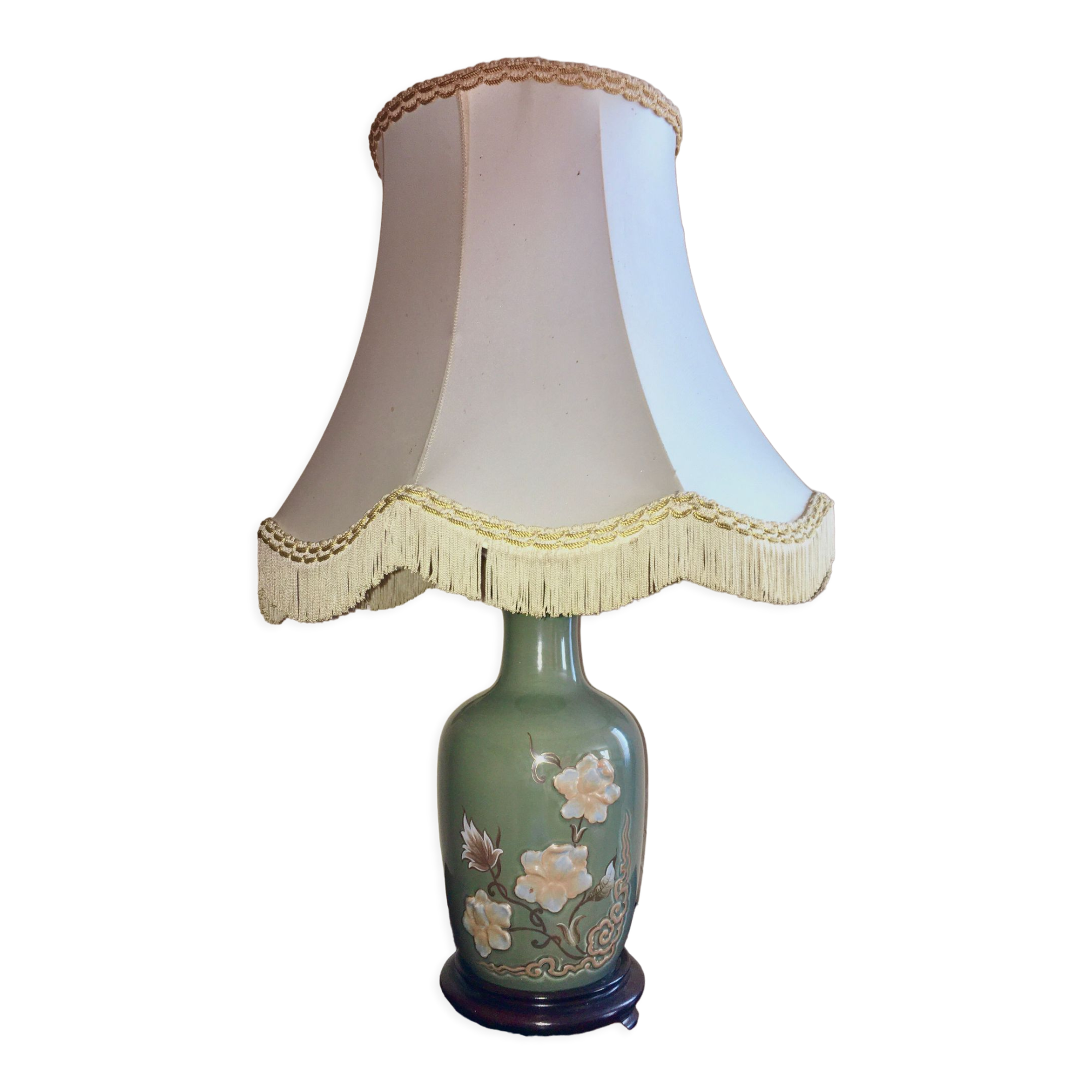 Vintage celadon porcelain lamp with flowers
