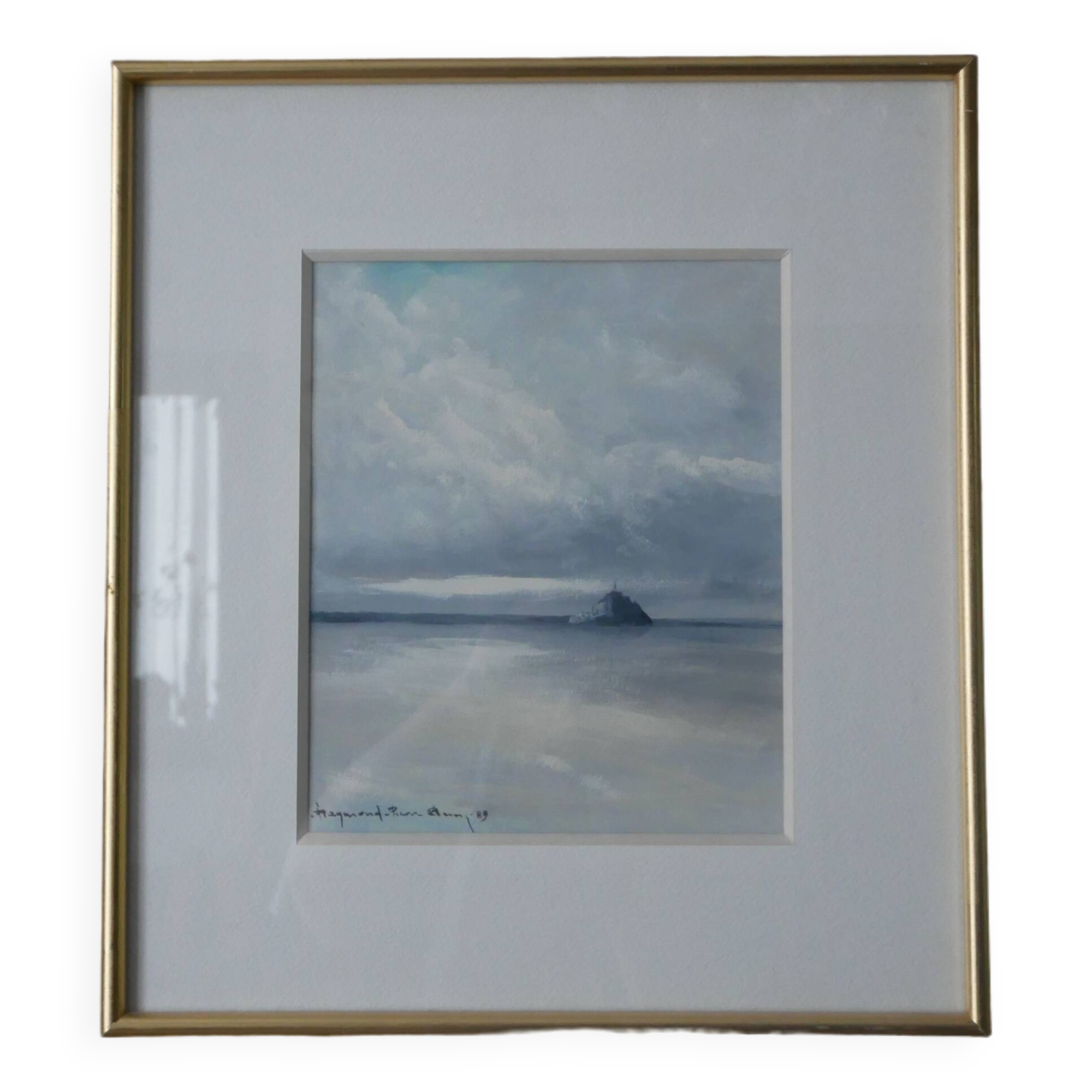Painting by artist painter Le Mont Saint-Michel, golden frame, 90s, shade of gray