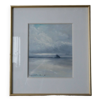 Painting by artist painter Le Mont Saint-Michel, golden frame, 90s, shade of gray