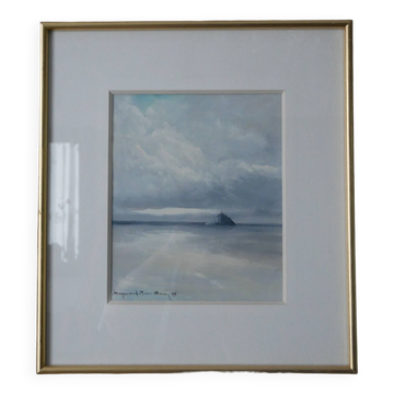 Painting by artist painter Le Mont Saint-Michel, golden frame, 90s, shade of gray