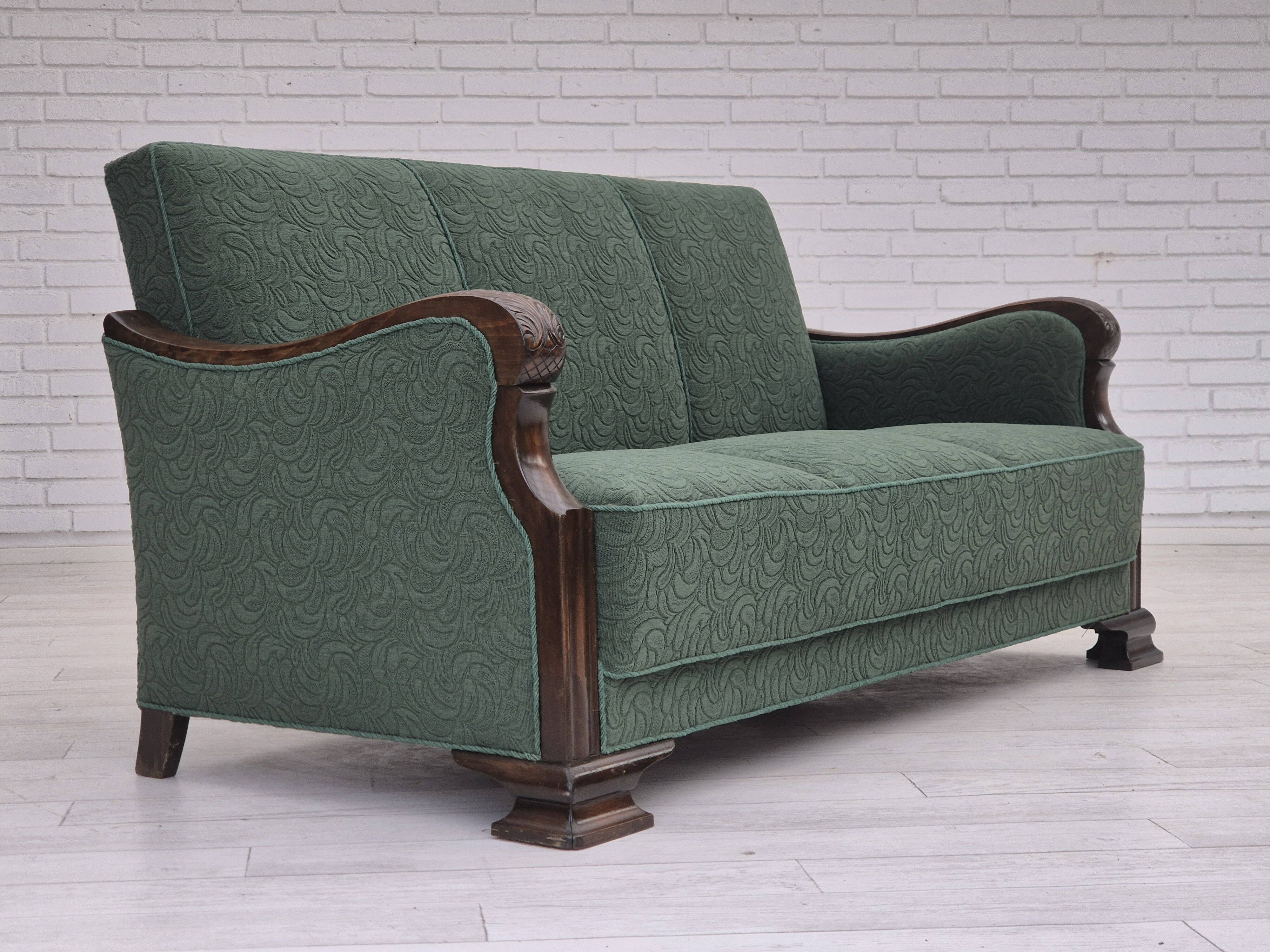 1950s, 3-seater sofa, green furniture blend wool, beech wood.