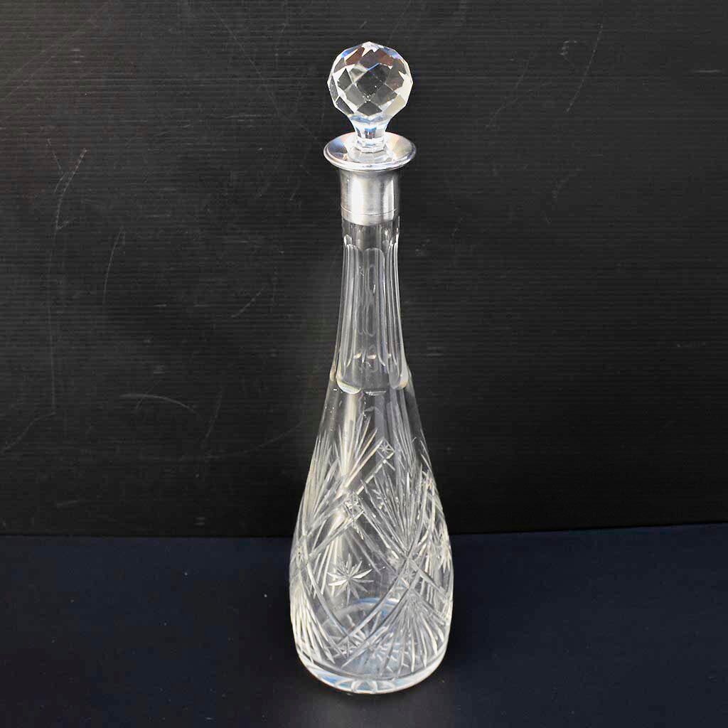 Carafe with antique glass liquor with diamond cap cut crystal silver frame