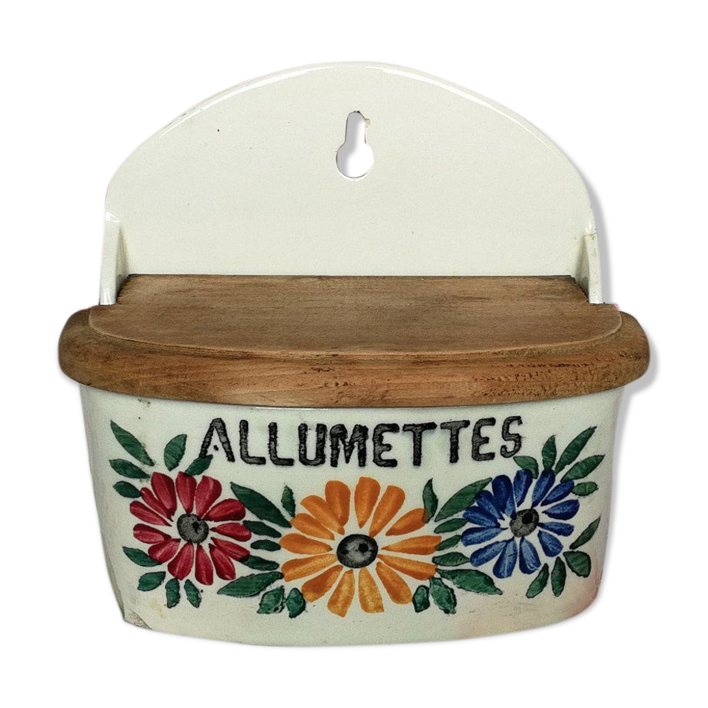 Ceramic matchbox and vintage antique wood dishes Creil Montereau HBCM