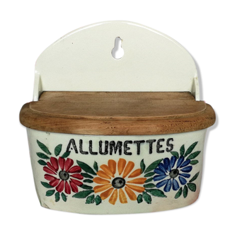 Boite à allumettes en céramique et bois vintage ancienne vaisselle Creil Montereau HBCM
