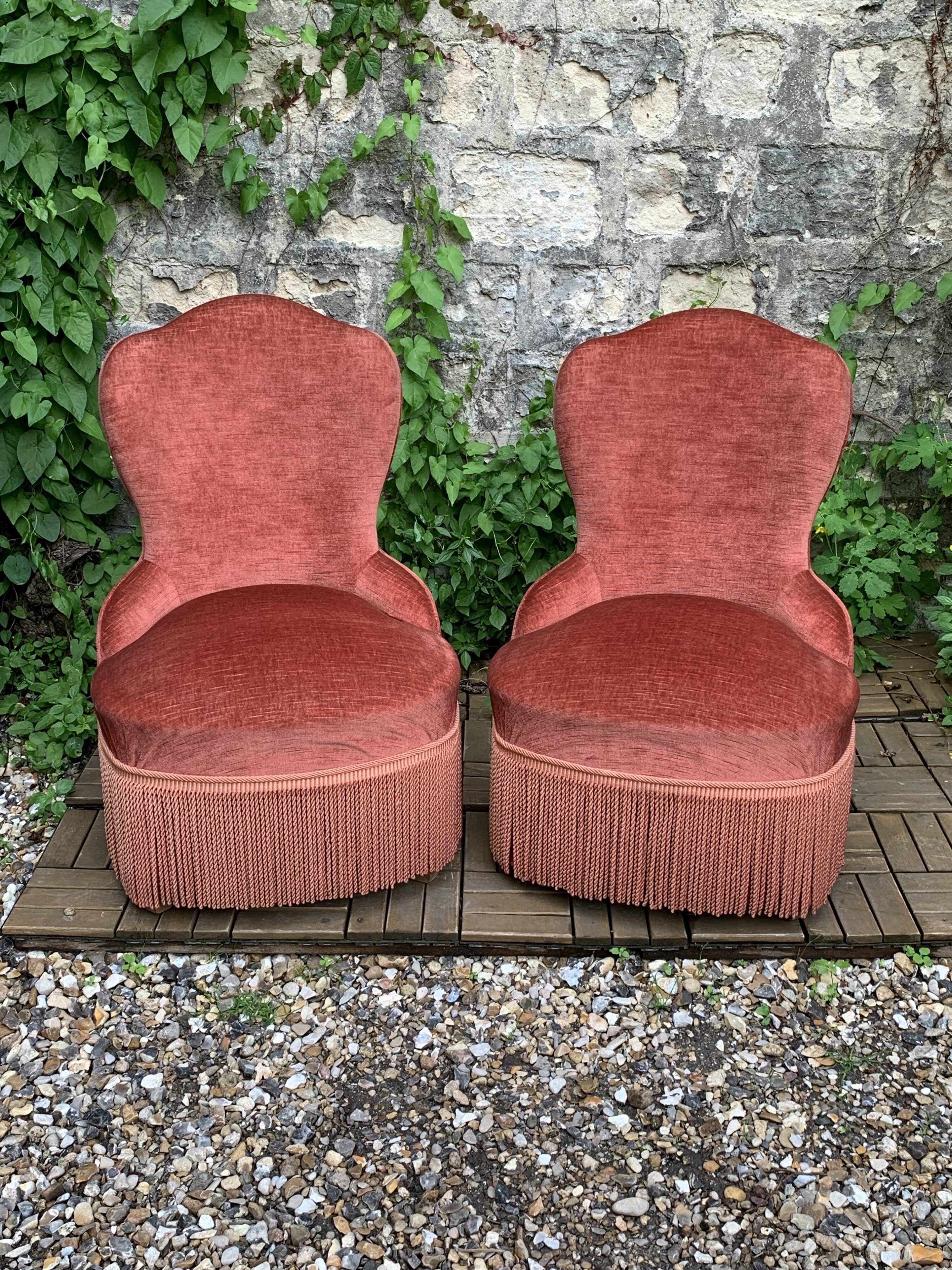 Pair of vintage pink velvet toad armchairs 1960