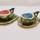 2 cups + 2 saucers in majolica slip ceramic zoomorphic snail shape