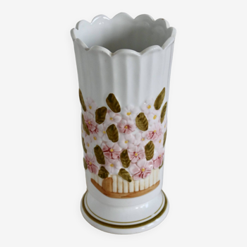 Vase vintage en barbotine motif fleuri peint à la main