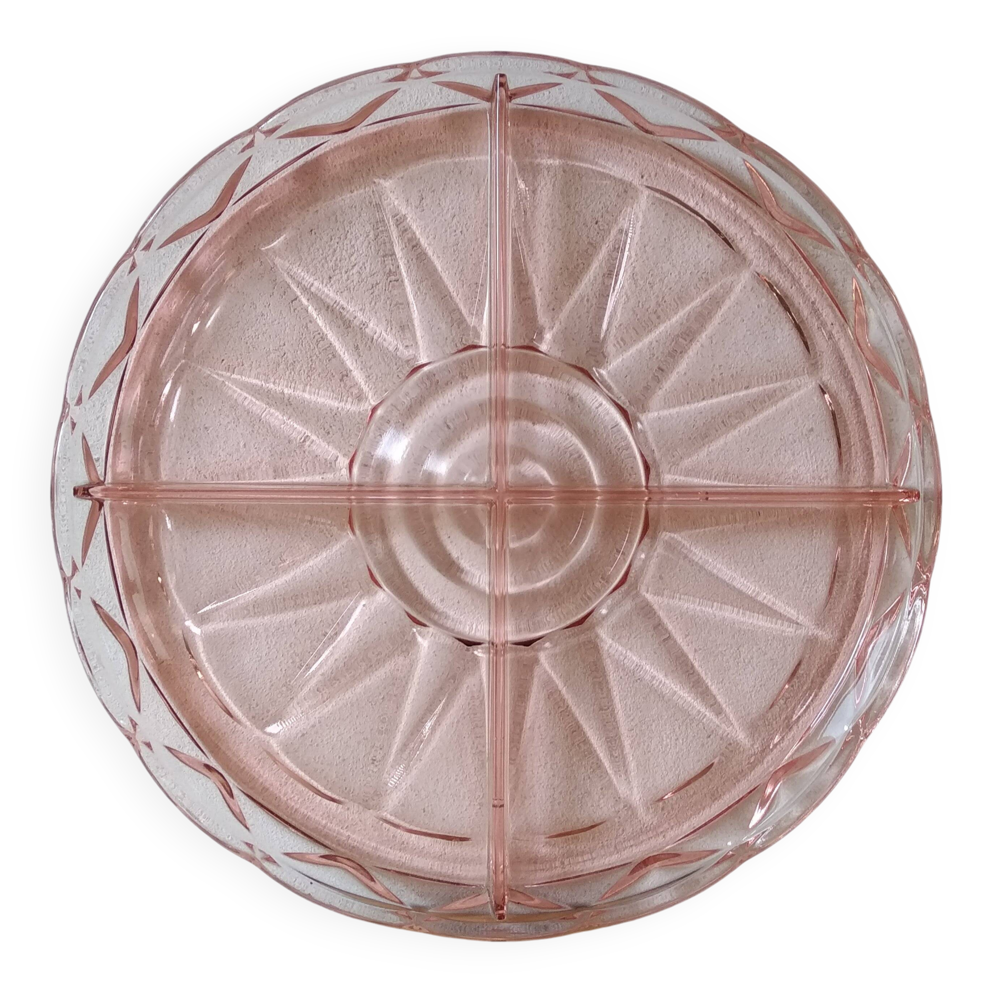 Plat de service à compartiments en verre pressé rose Art Déco