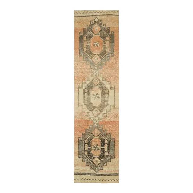 1970s Vintage Turkish Oushak Handmade Wool Cotton Orange Runner Rug 95x374