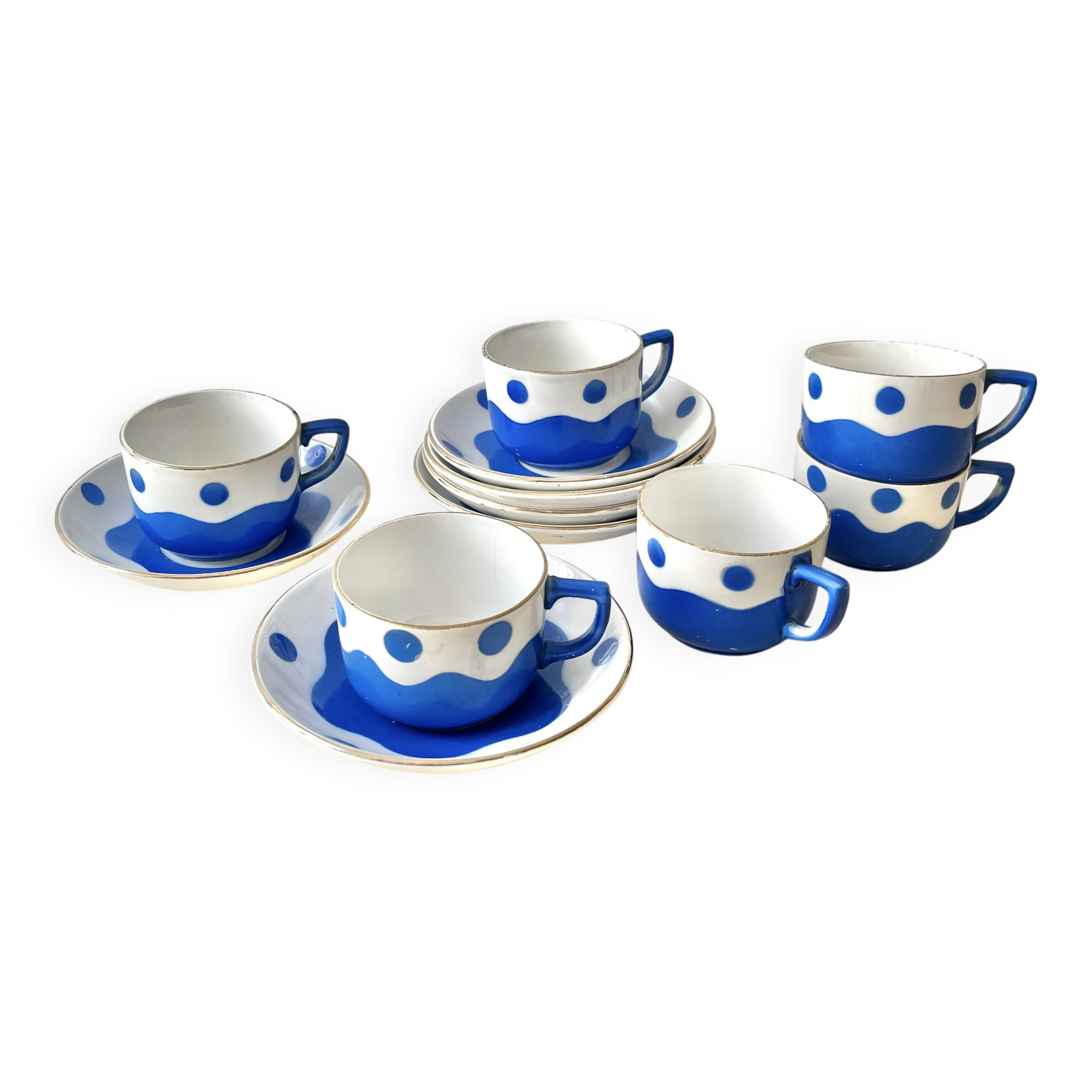 Set of 6 Sarreguemines Digoin earthenware coffee cups with art deco polka dots, 1930s
