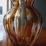 Faceted Vase Chiseled in Amber Bohemian Crystal from the 50s/60s.