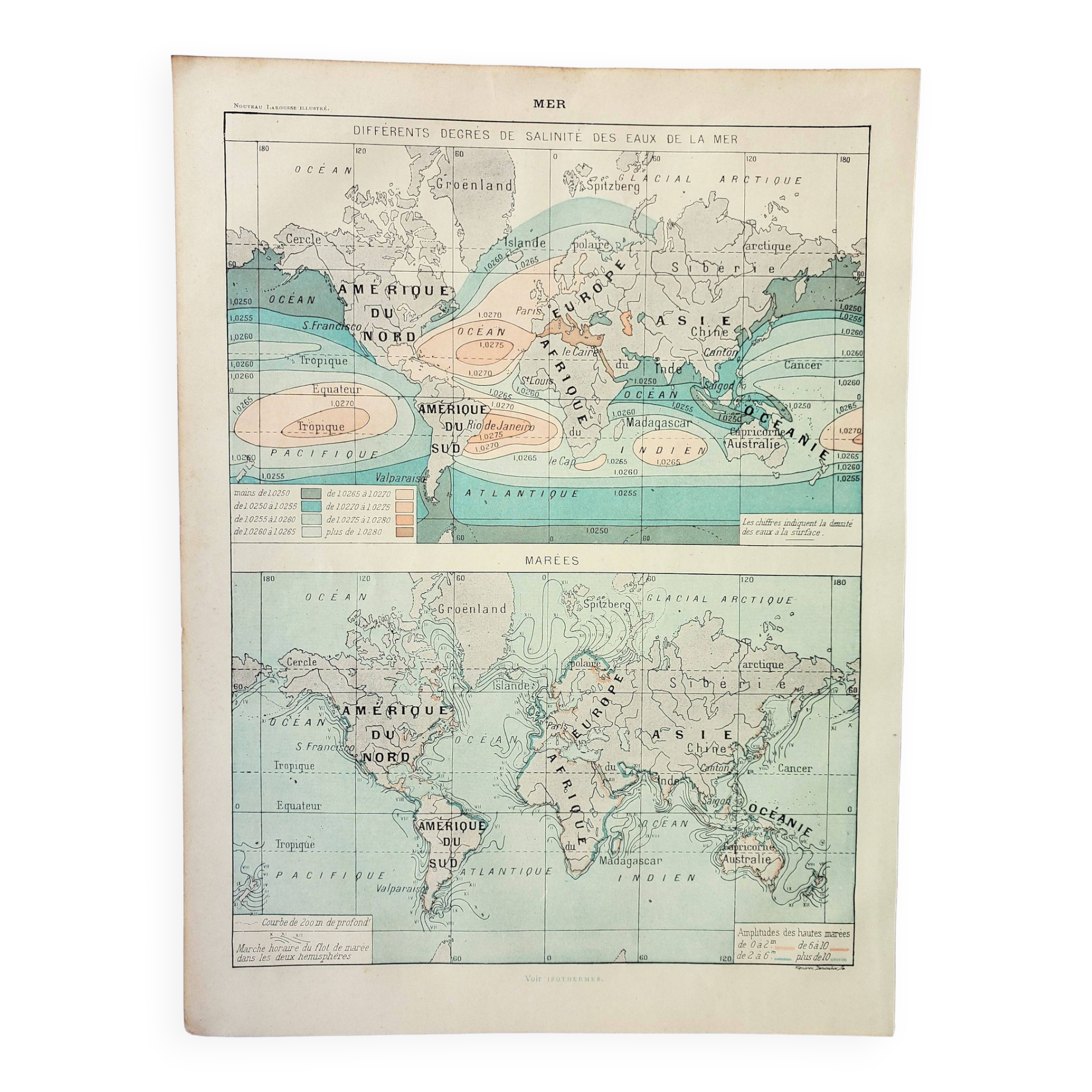Old engraving 1898, Tides and salinities, map • Lithograph, Original plate