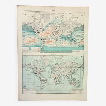 Gravure ancienne 1898, Marées et salinités, carte • Lithographie, Planche originale