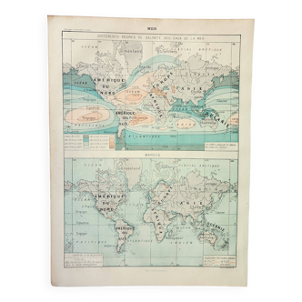 Old engraving 1898, Tides and salinities, map • Lithograph, Original plate