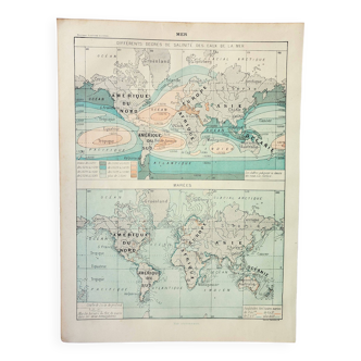 Gravure ancienne 1898, Marées et salinités, carte • Lithographie, Planche originale