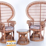 Set of two king sized emmanuelle pauw peacock chairs with side table