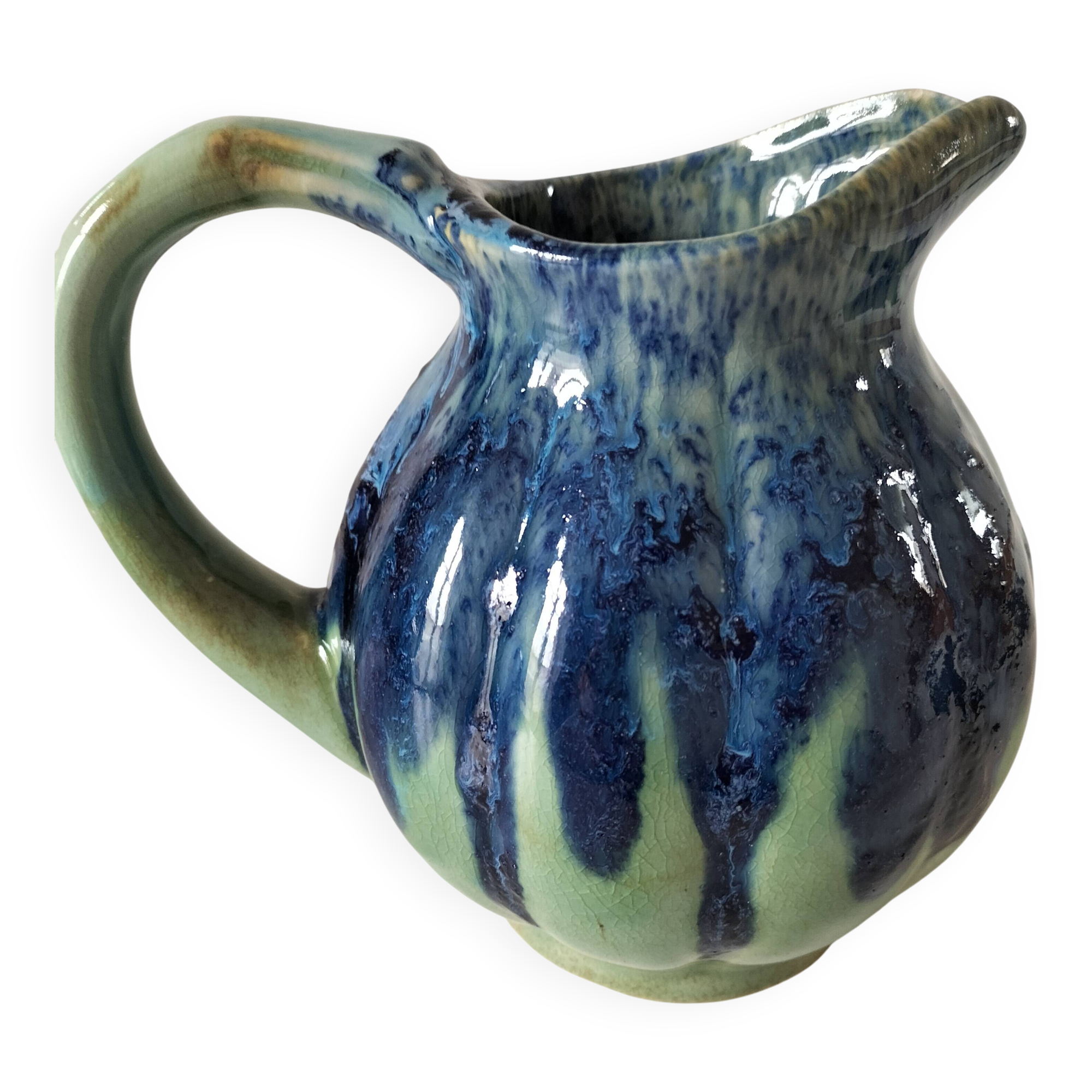 Pichet vernissé bleu et vert, vintage années 1970