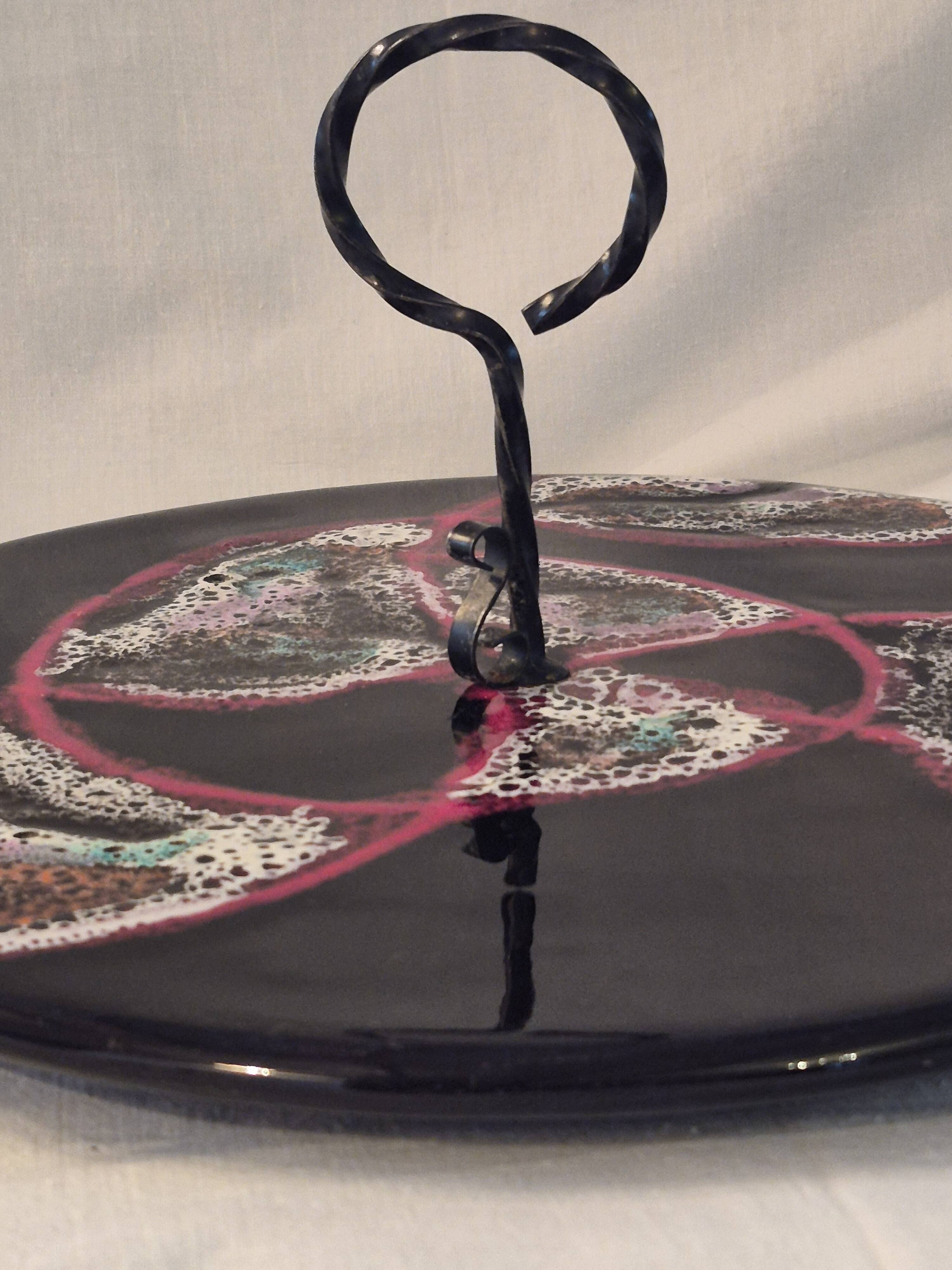 Cheese platter Vallauris glazed ceramic black red A035