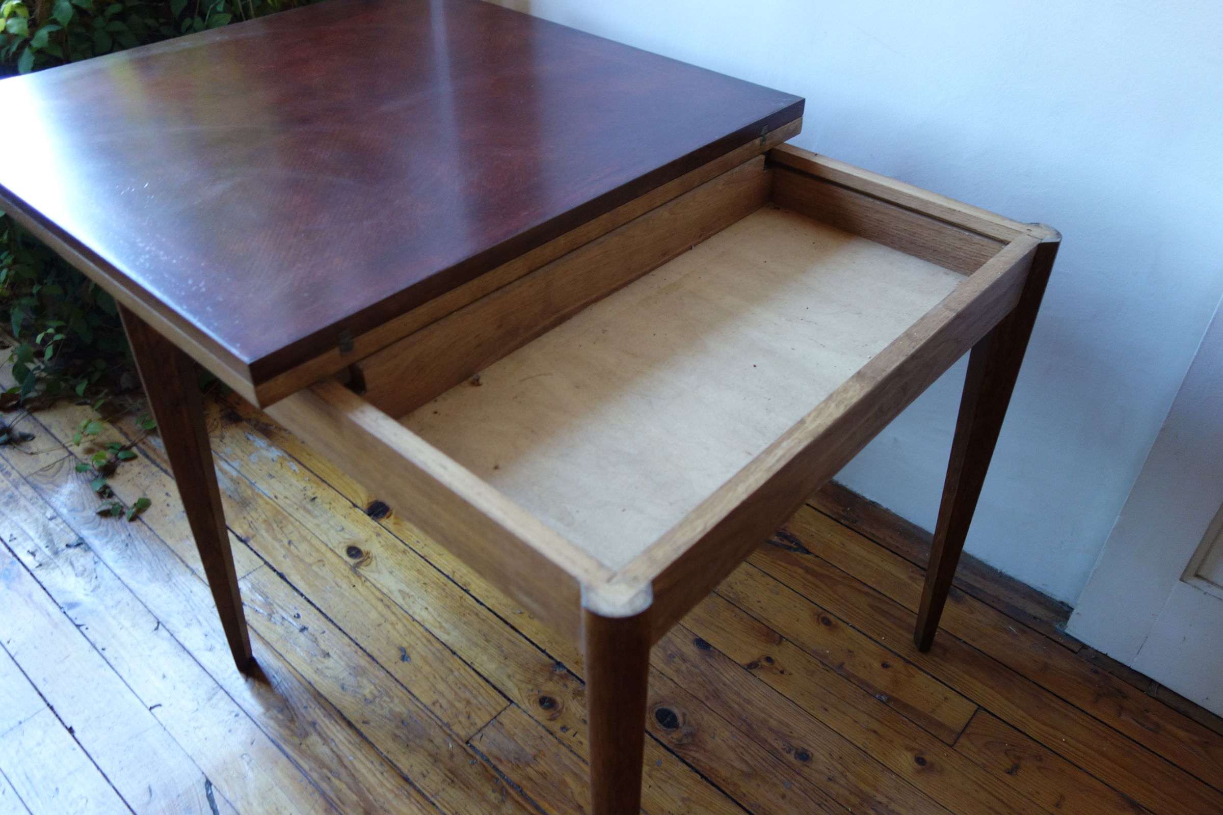 Wooden game table 1950 1960, fold-out tray (80x80x75)