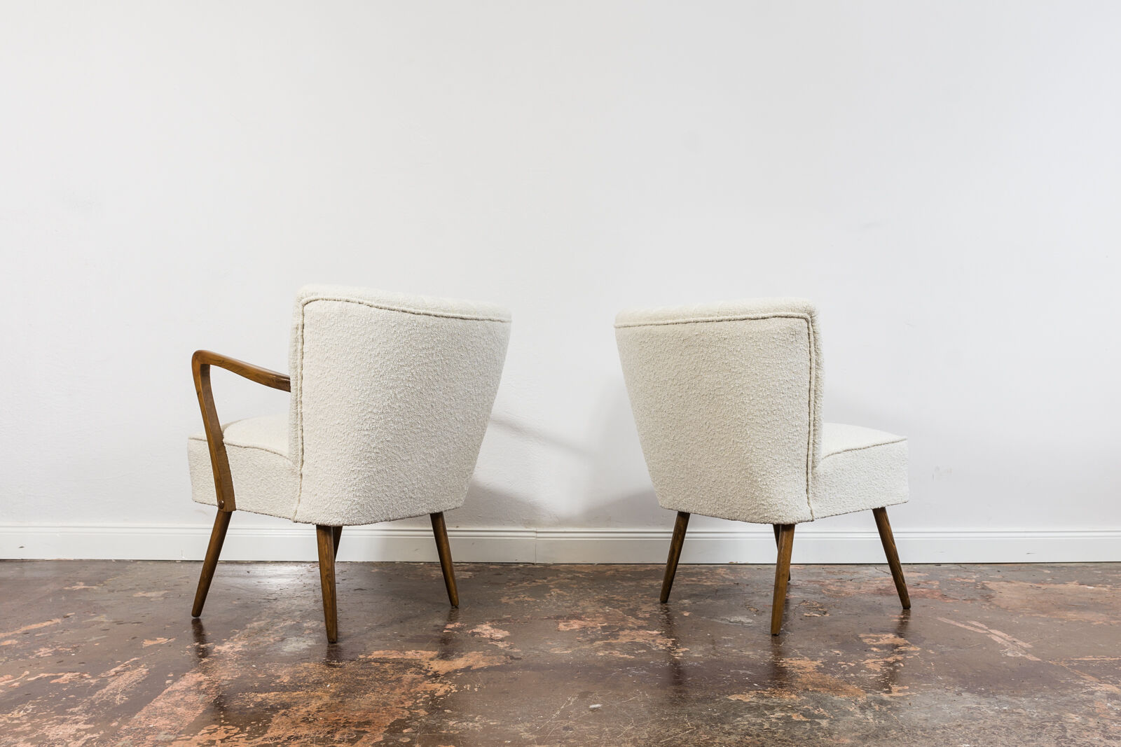 Pair of white cream boucle cocktail chairs, 1950s