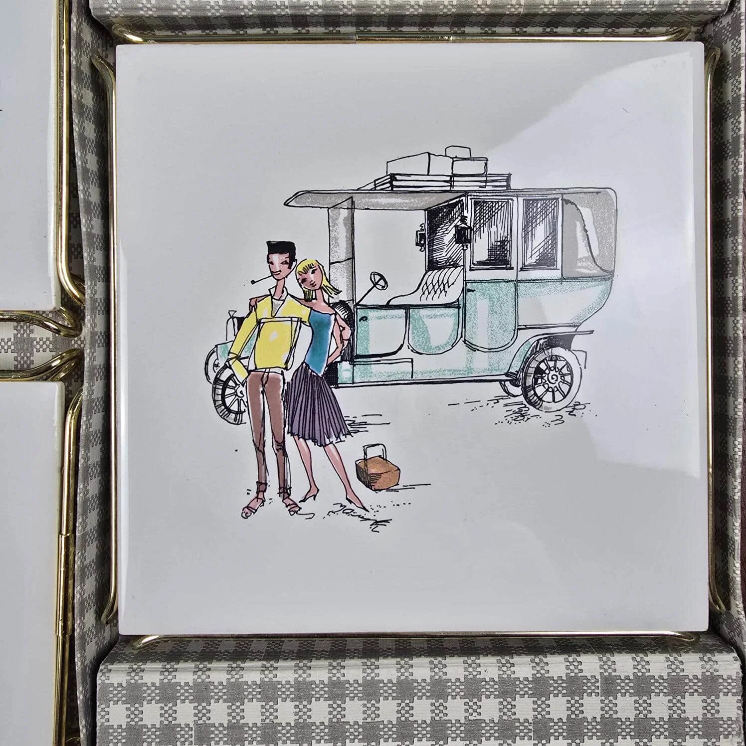 Set of 3 vintage Gien trivets – Retro car, child & couple design