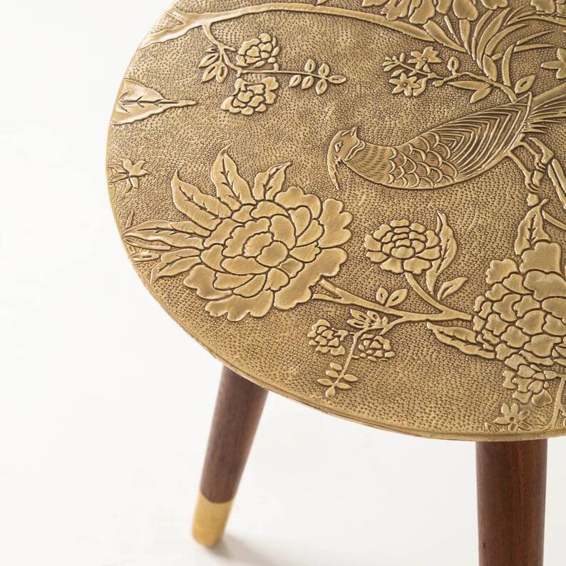 Side table with handcrafted embossed brass top: luxury bohemian side table.