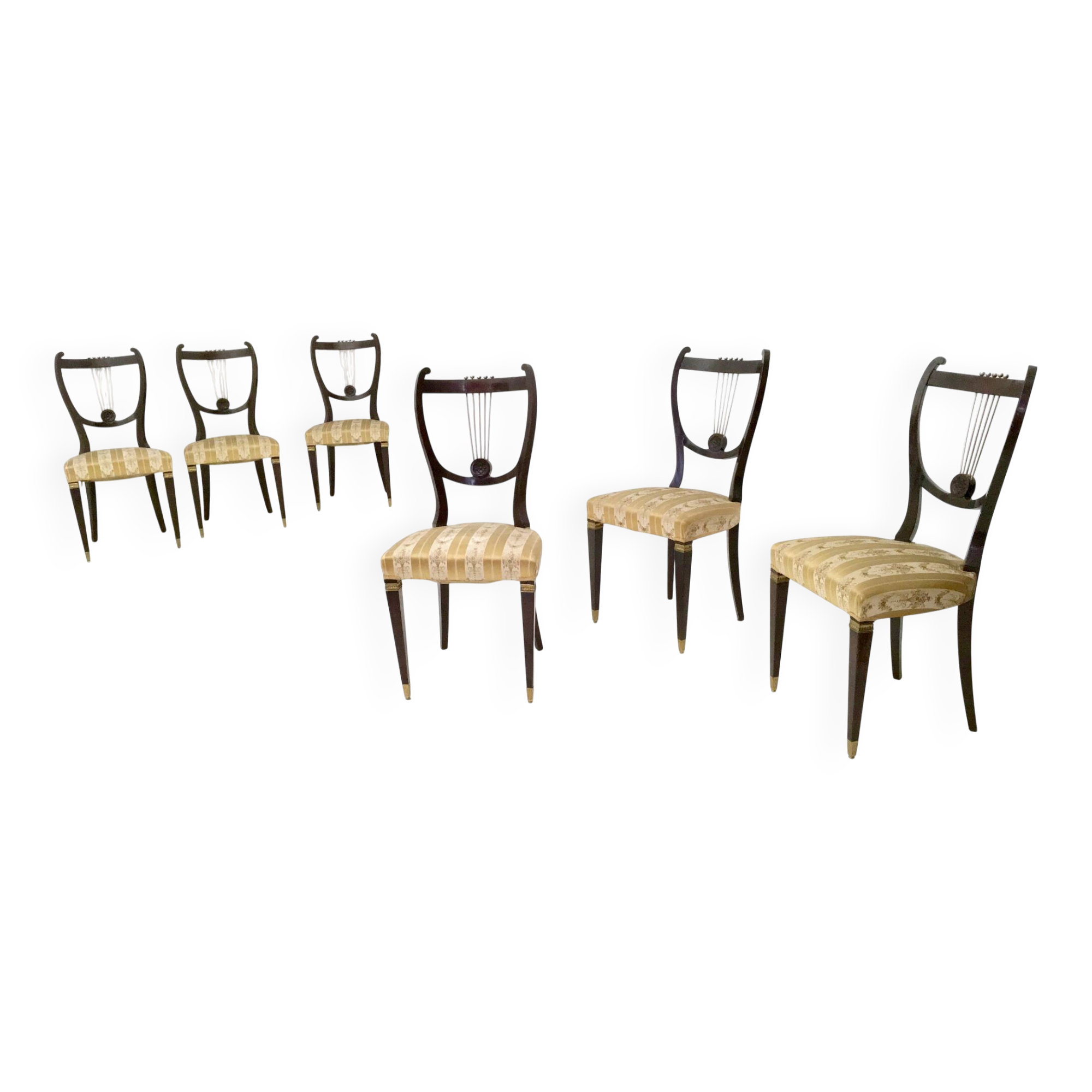 Set of Six Vintage Beech and Brass Dining Chairs with Goldenrod Fabric