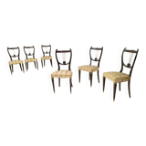 Set of Six Vintage Beech and Brass Dining Chairs with Goldenrod Fabric