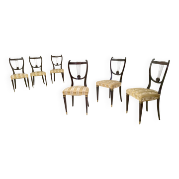 Set of Six Vintage Beech and Brass Dining Chairs with Goldenrod Fabric