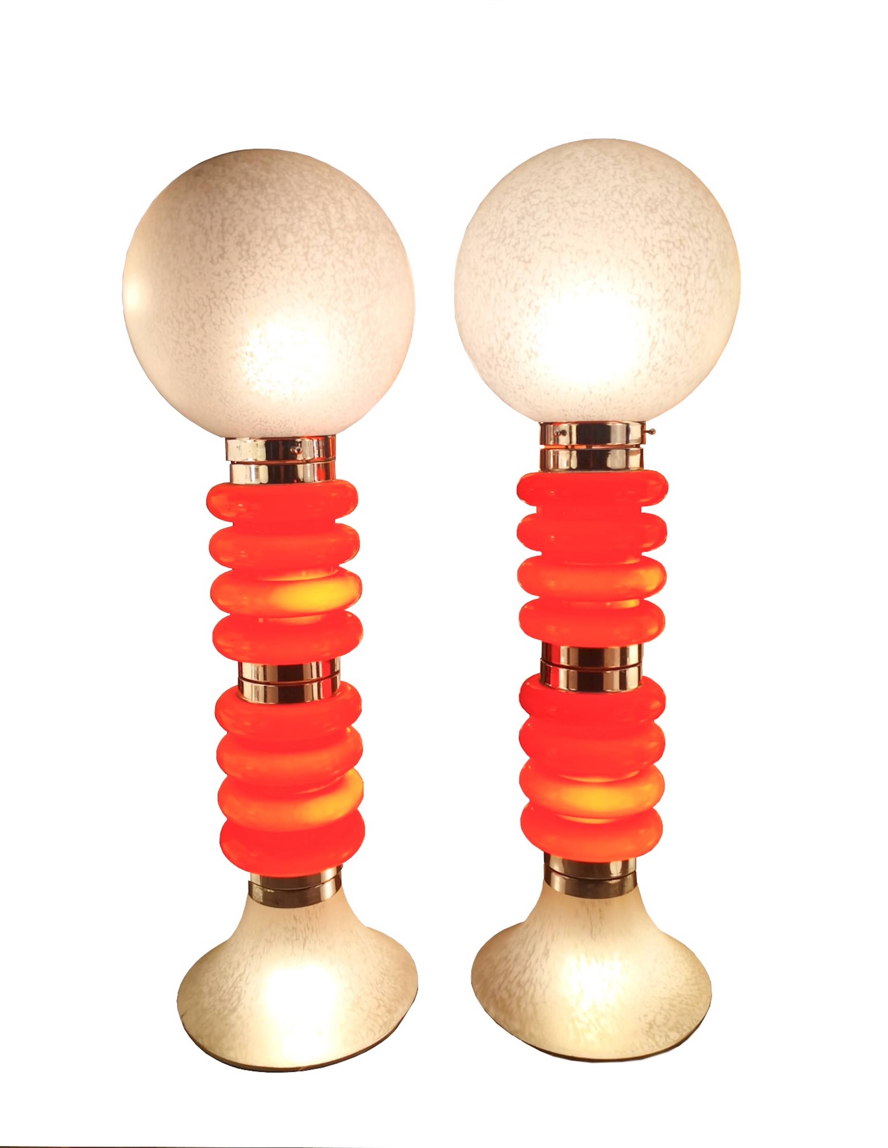 Paire de lampadaires vintage en verre de Murano orange italien de style Space-Age