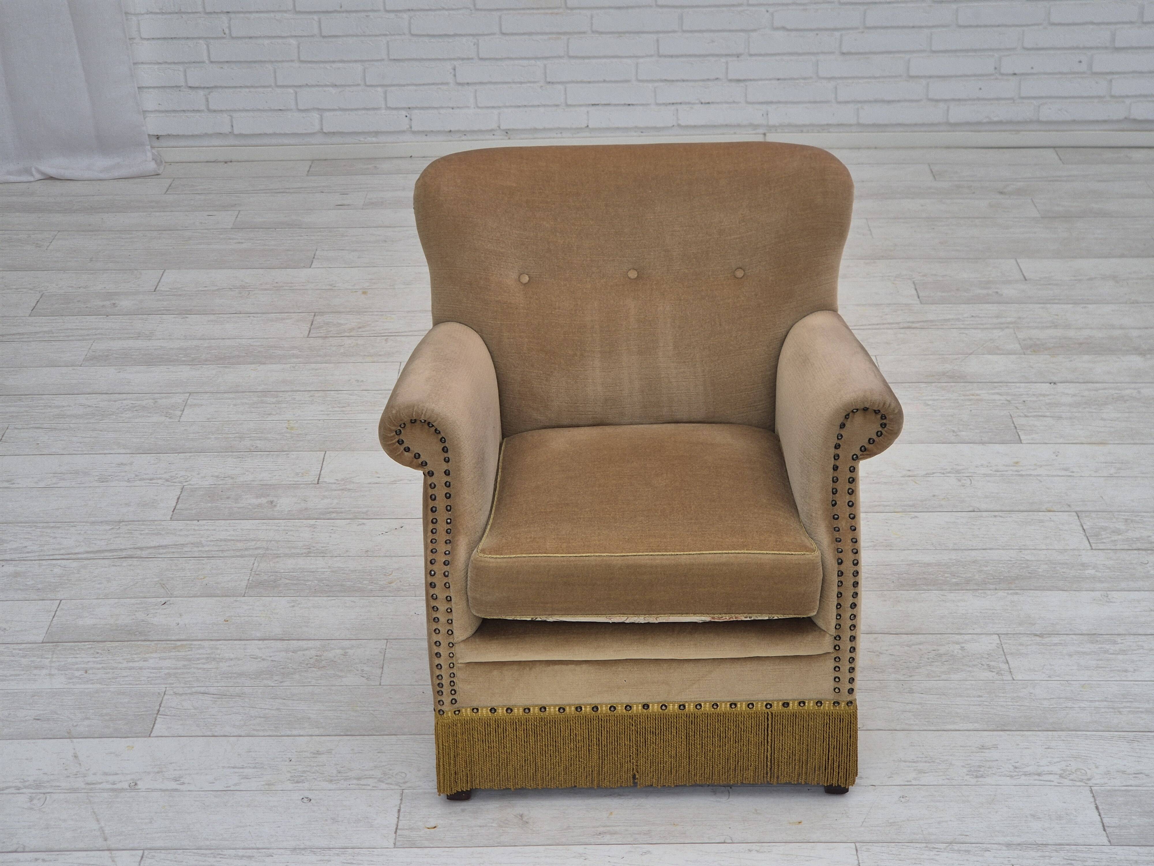 1960s, Danish lounge chair, green furniture velour, original condition.