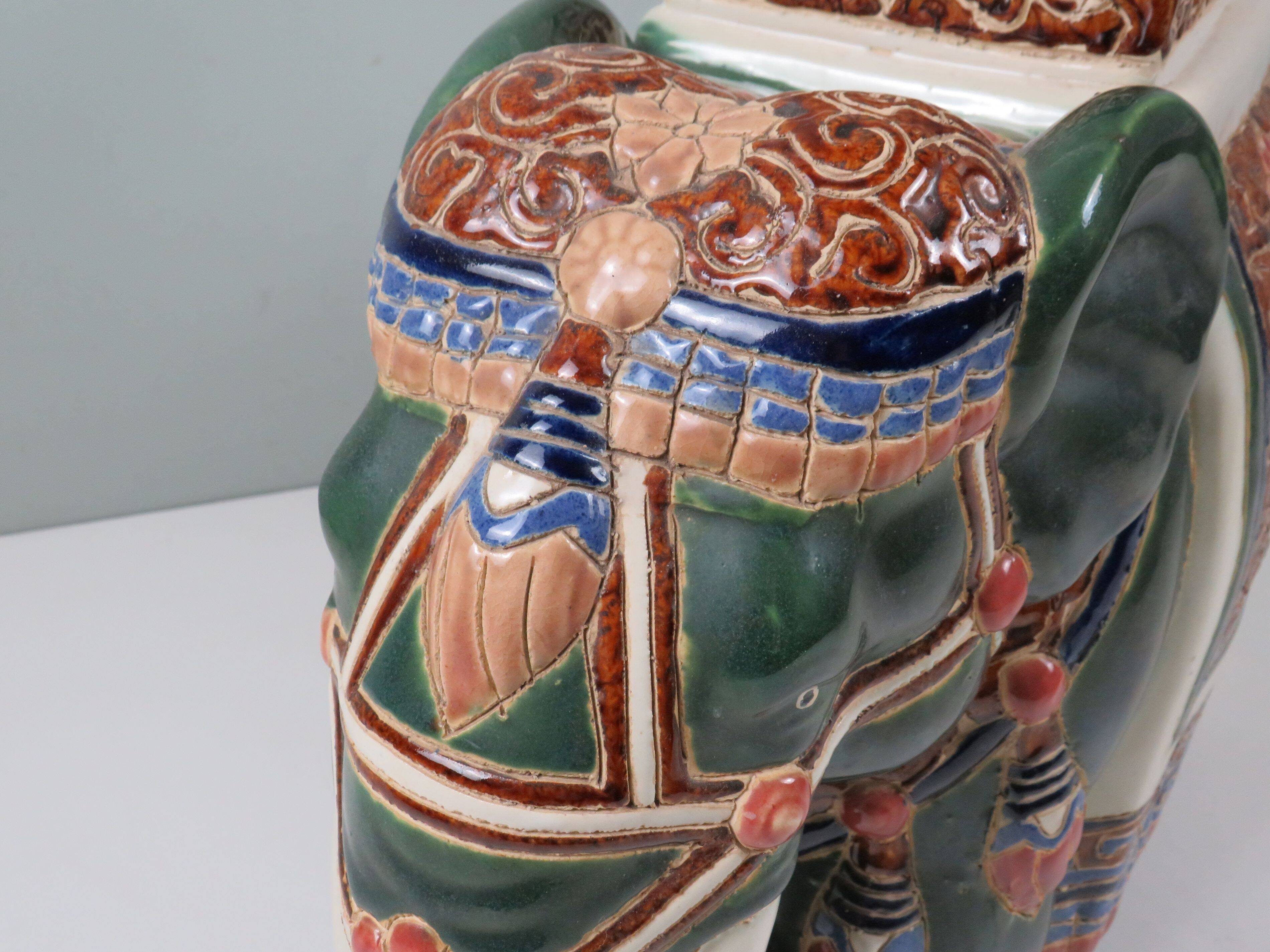 Large vintage ceramic elephant in glazed finish, stool or side table.