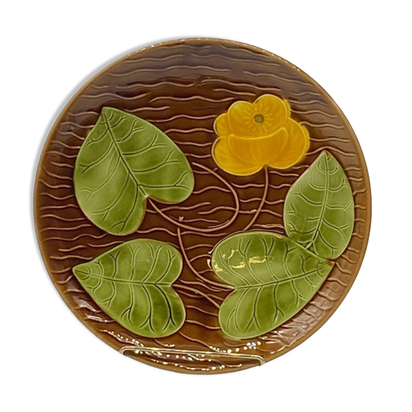 Plat en céramique, sarreguemines france vintage, fleur jaune