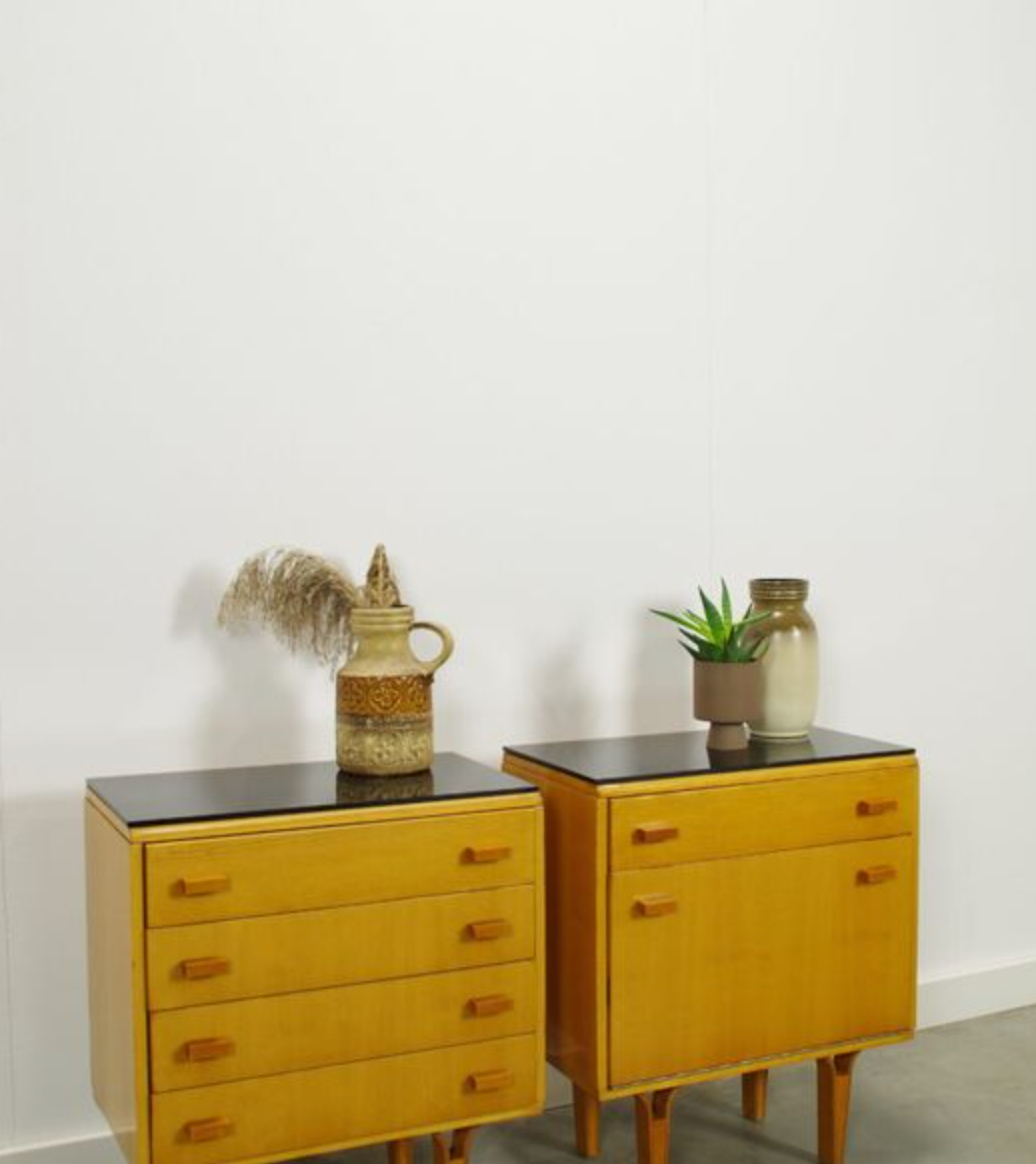 Set of vintage wooden design bedside tables