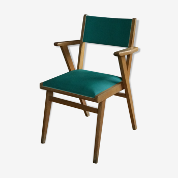 Fauteuil bridge vintage années 50 pieds compas et skaï vert