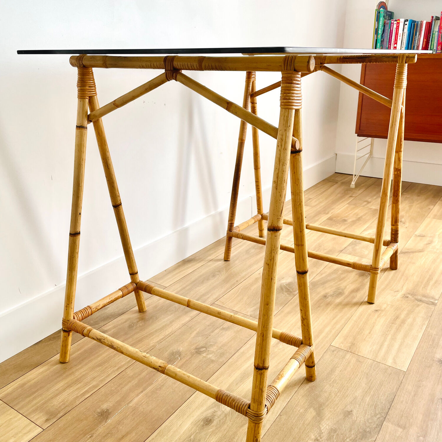 Rattan desk and smoked glass tray