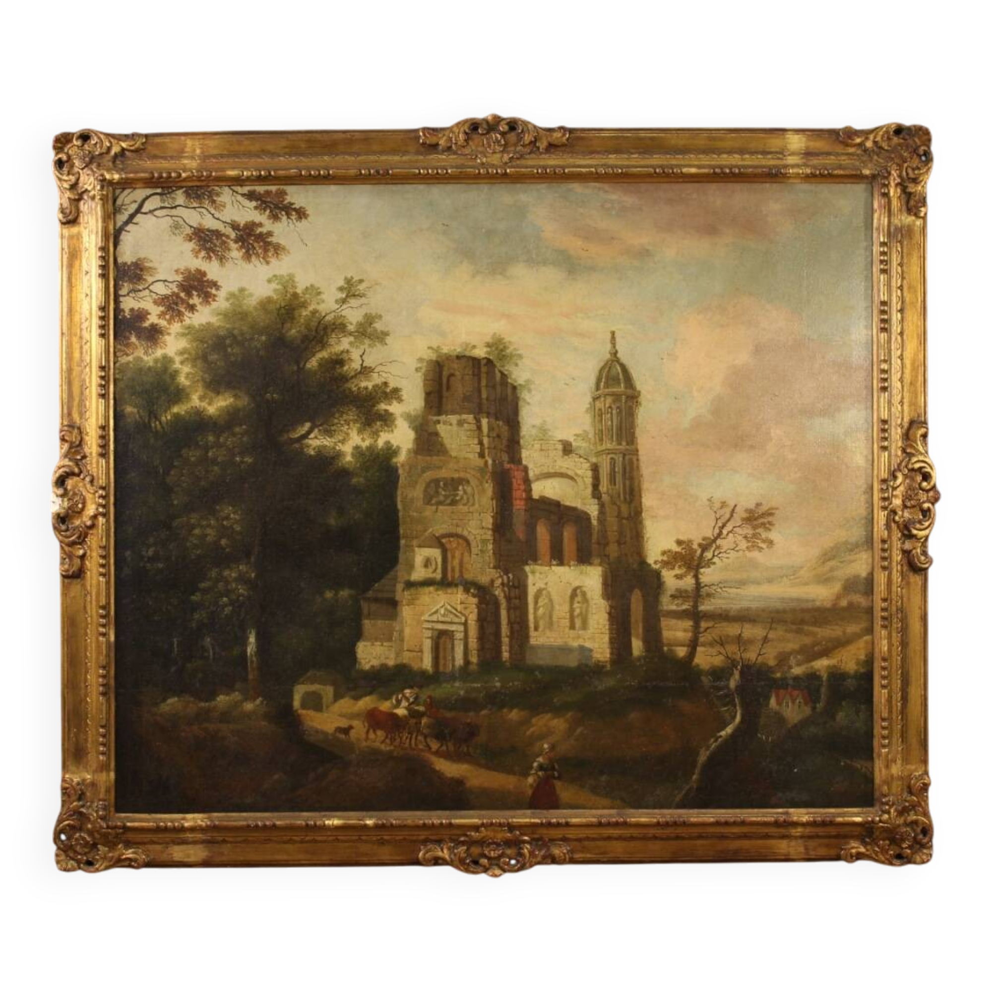 Antique French Oil On Canvas Landscape Painting From The 18th Century