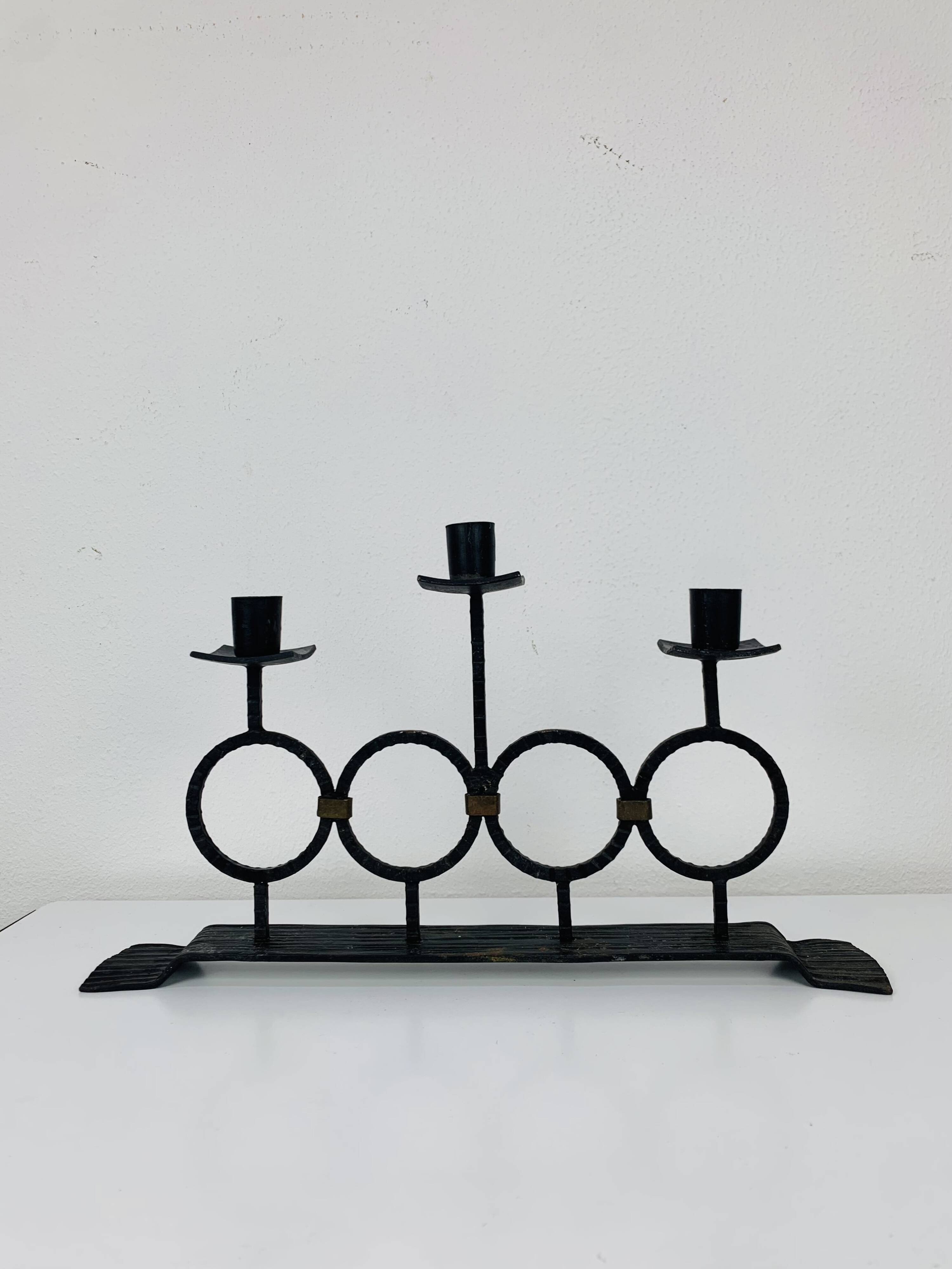 Vintage Brutalist Wrought Iron Triple Candle Holder
