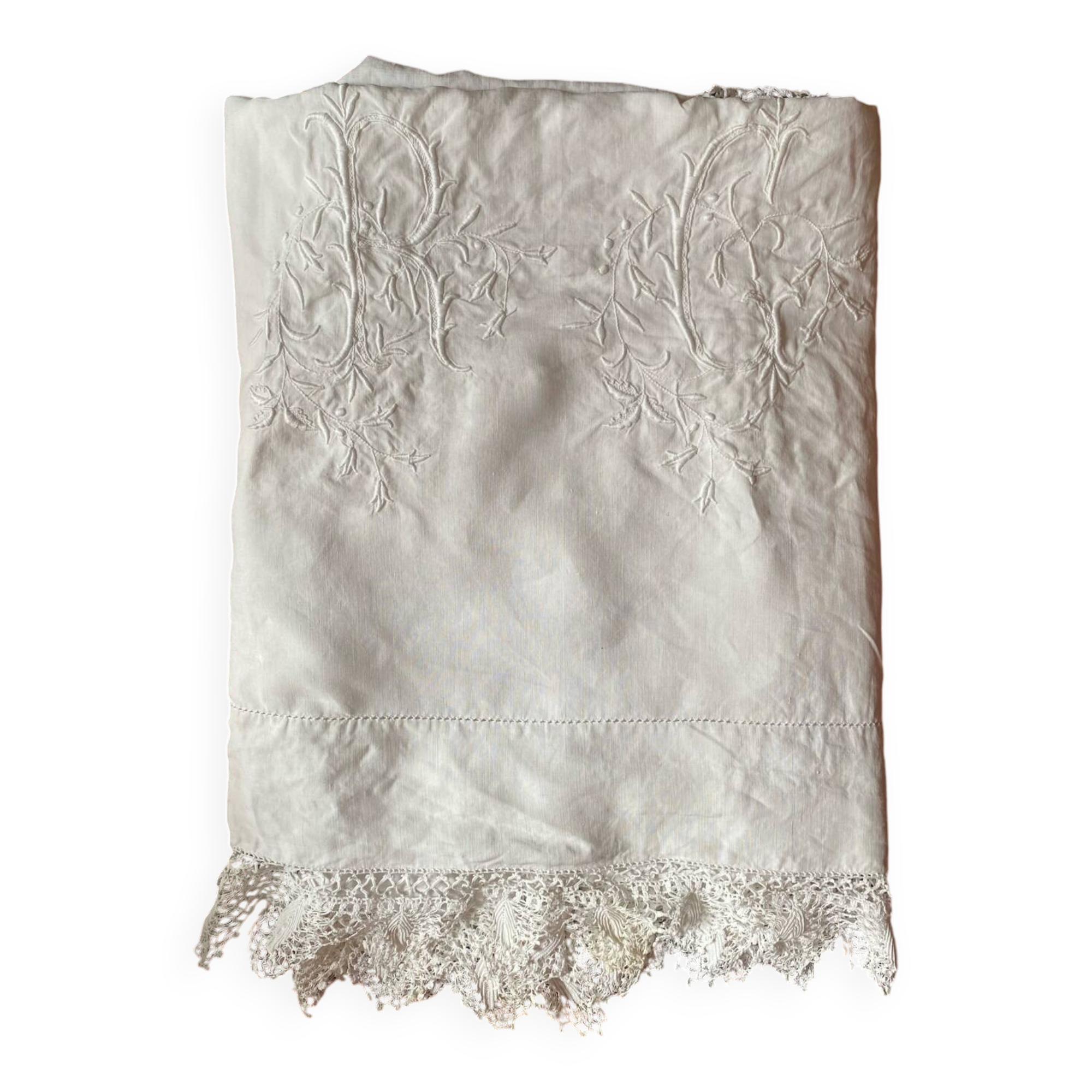 Drap de trousseau monogramme RC vers 1900.