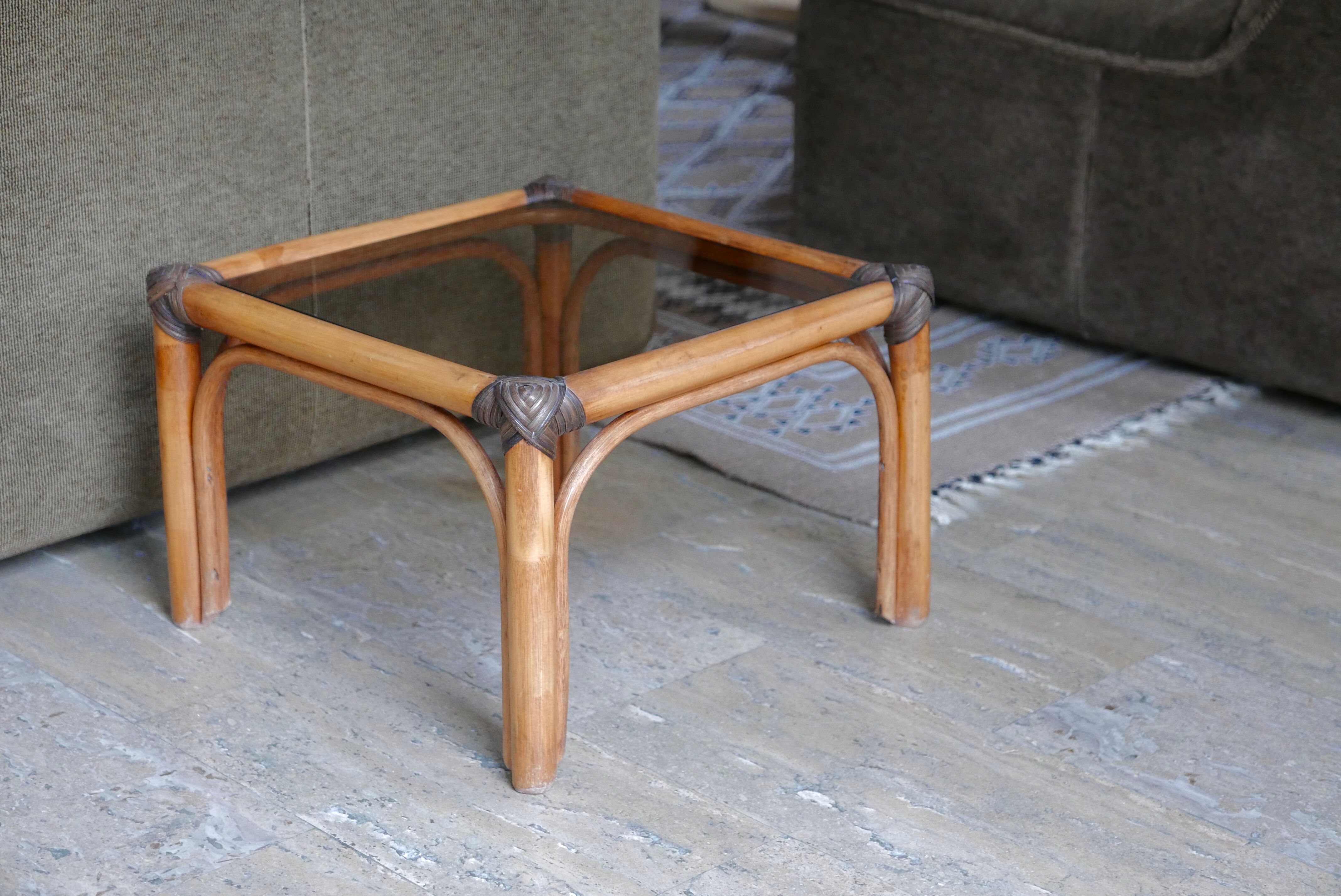 Side table in bamboo and smoked glass, 60s