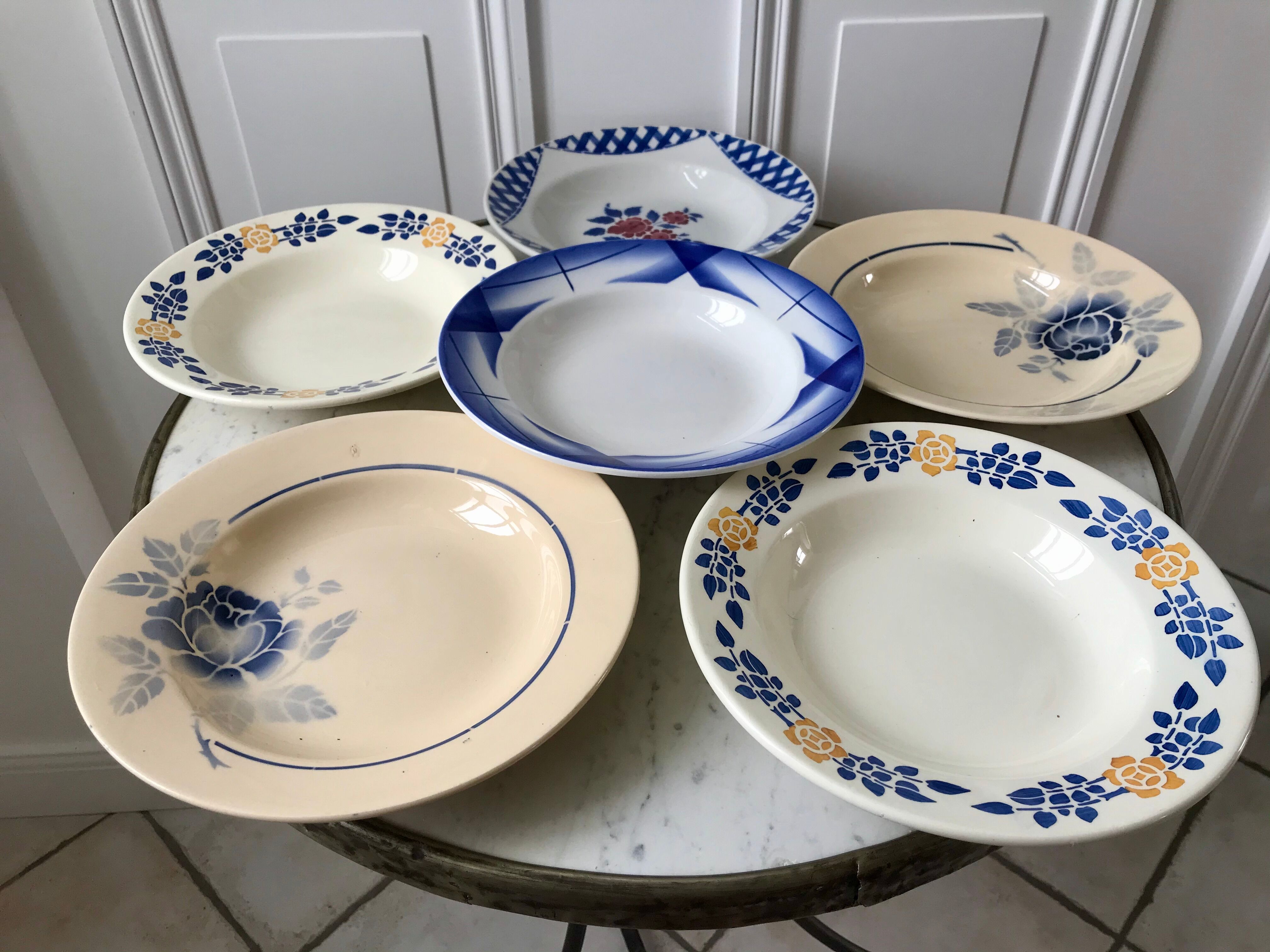 Lot de 6 assiettes creuses dépareillées digoin "artix", badonviller, nouvelles galeries années 40-50