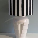 Vintage Ikea table lamp in white ceramic, Memphis style with black and white lampshade.