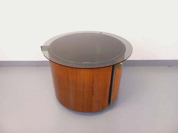 Table basse ronde teck italienne bar pivotant de Eugenio Gerli pour Tecno