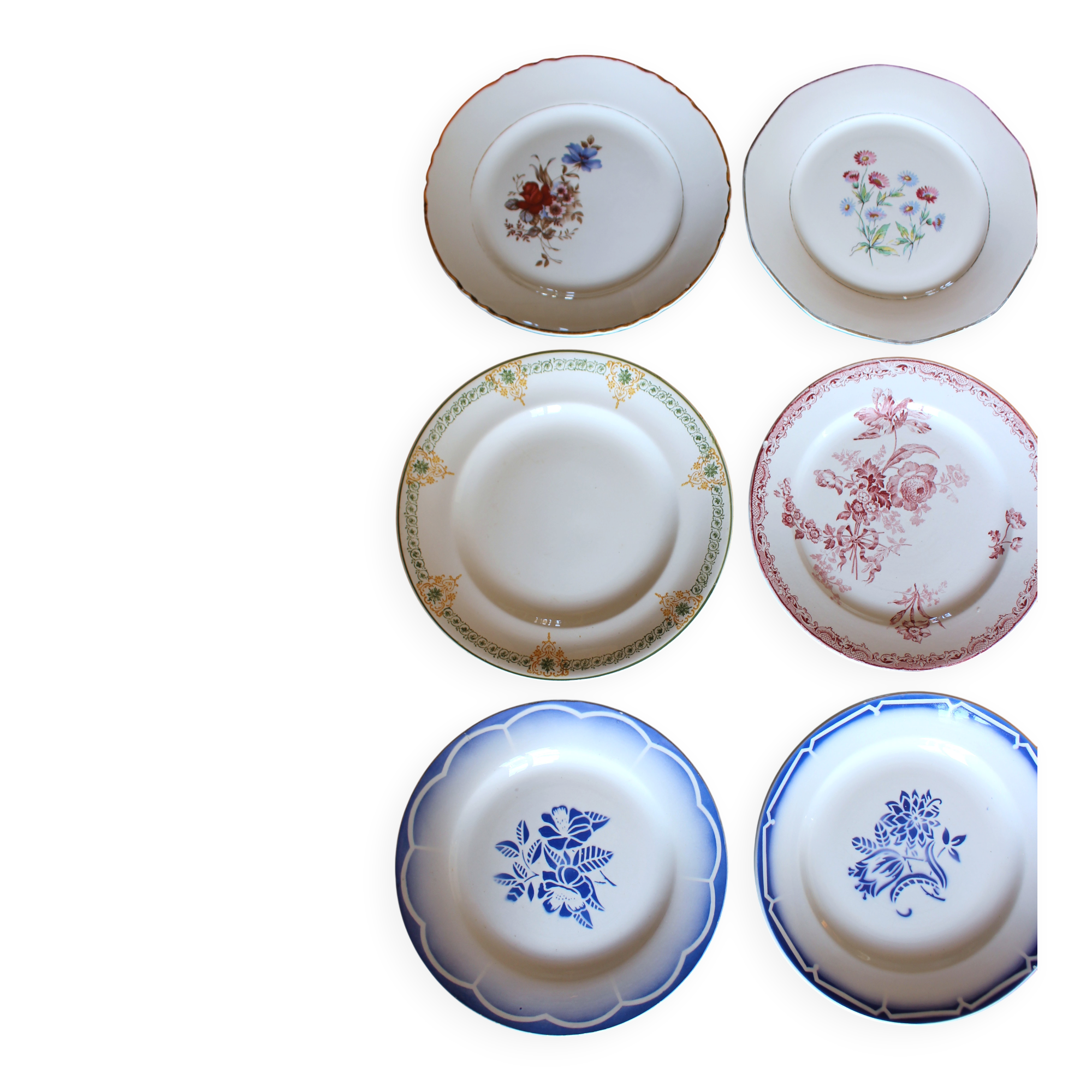 6 mismatched flat plates Fontanges Marsac Longwy Digoin
